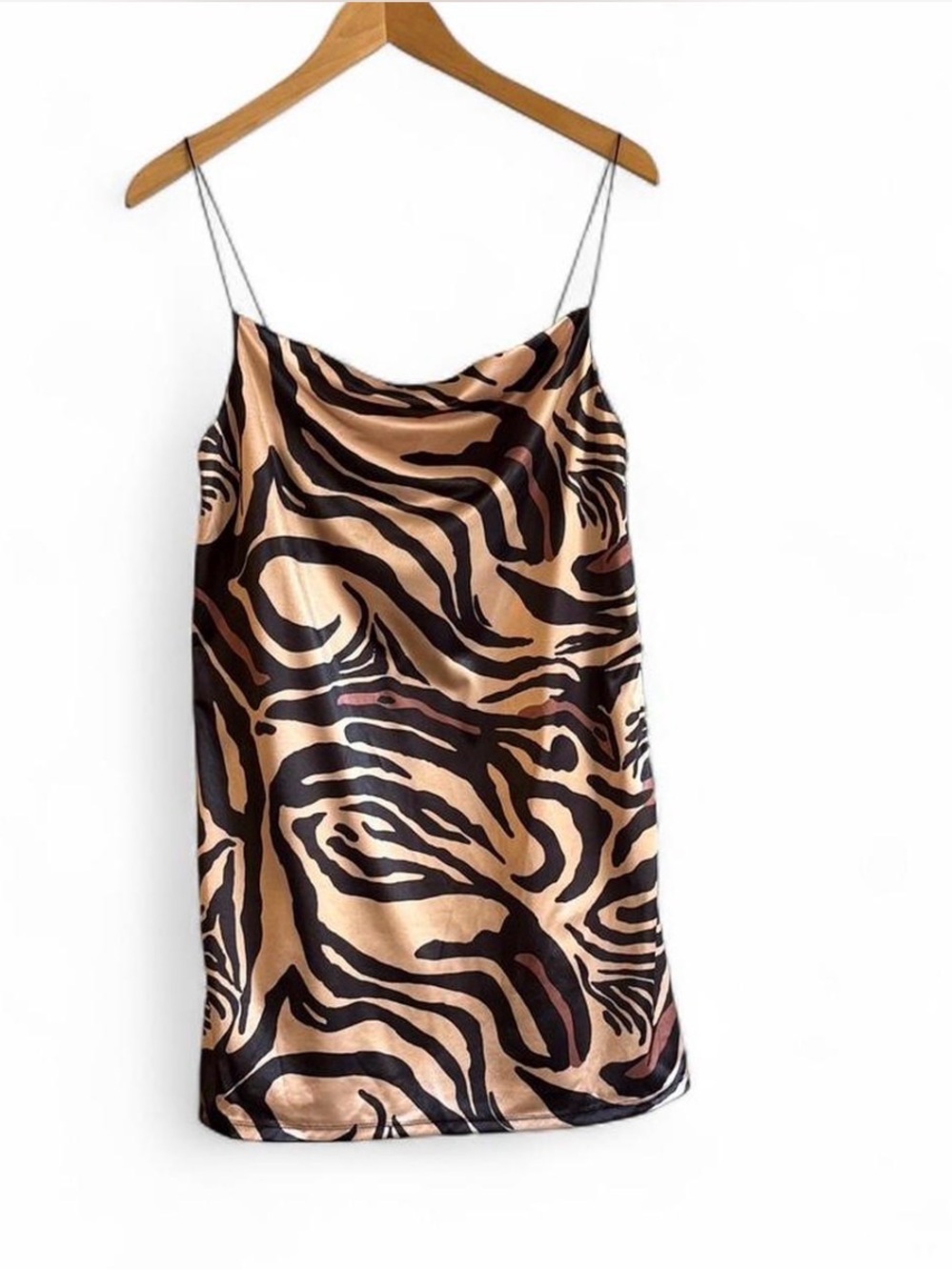 Zara Satin Zebra-Print Slip Mini in Beige and Black